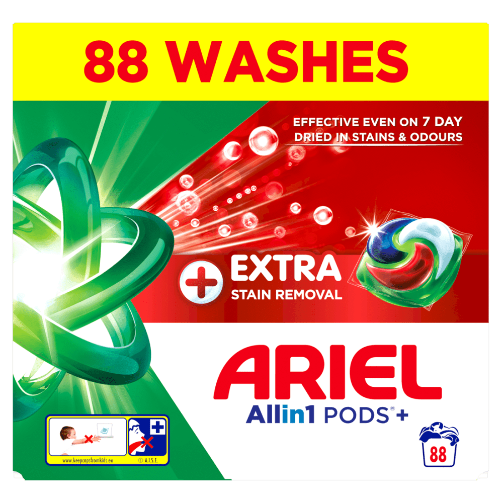 ARIEL Kapsuly na pranie Plus Extra Stain Box 88 praní, poškodený obal