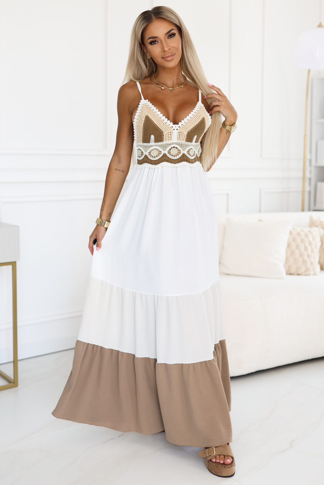 Numoco Bielo-béžové šaty s háčkovaním Veľkosť: UNI