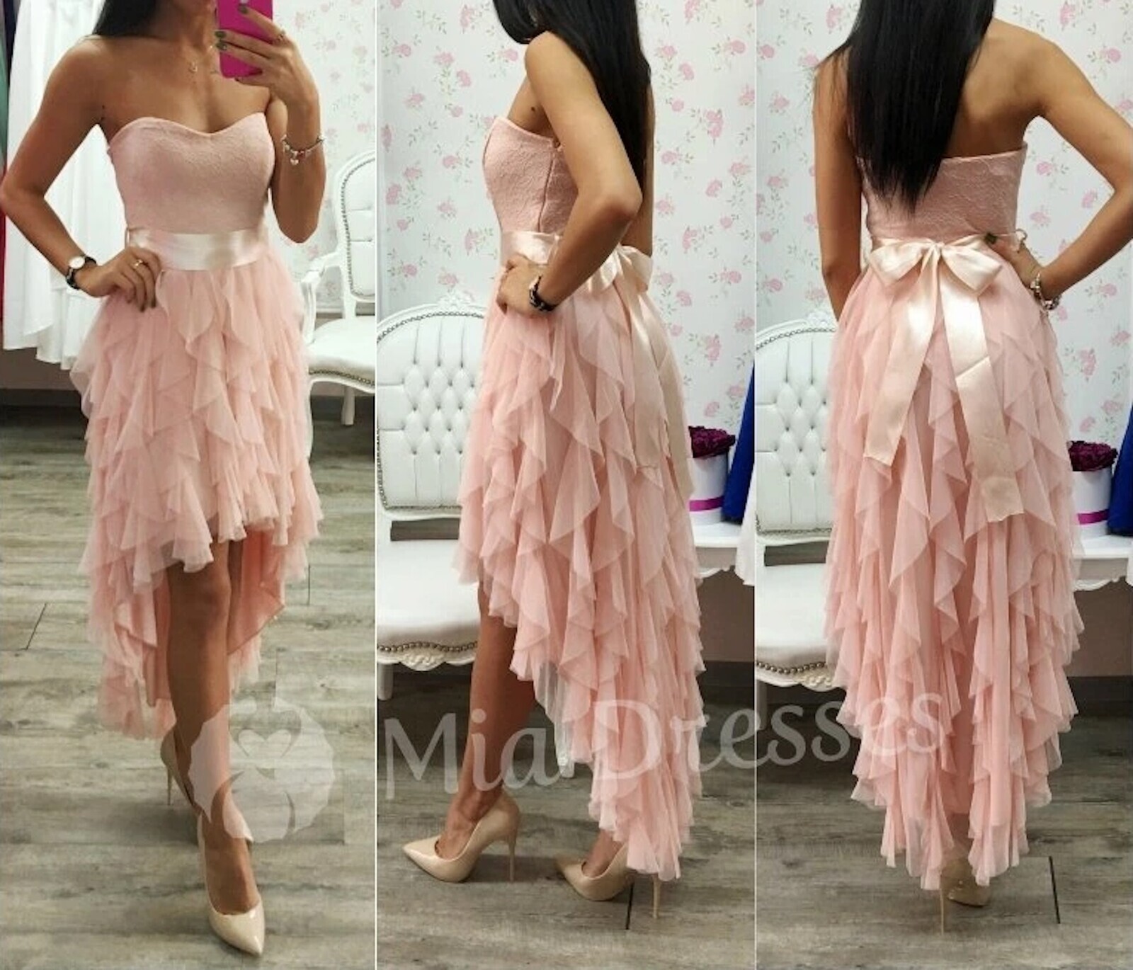 Poškodený tovar - Púdrové asymetrické šaty so stuhou Veľkosť: M