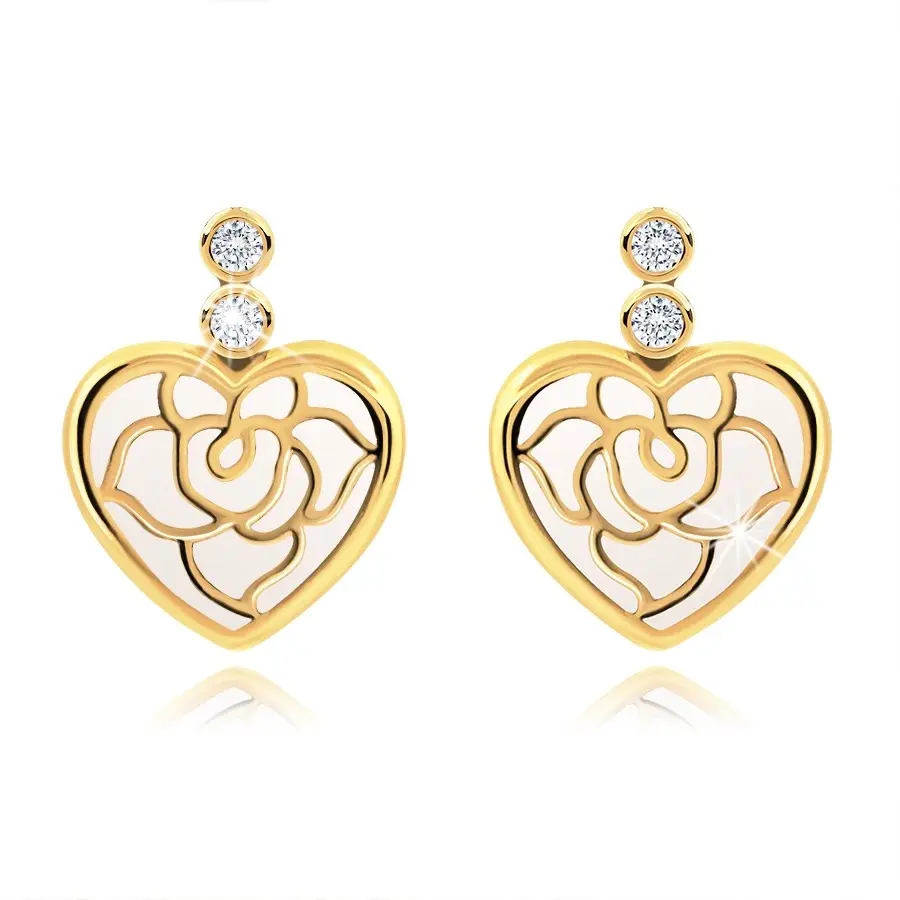 Zlaté náušnice 9K srdce s vyobrazením ruže, biela glazúra, zirkóny