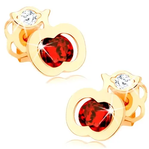 Zlaté 14K náušnice jablko s červeným a čírym zirkónom