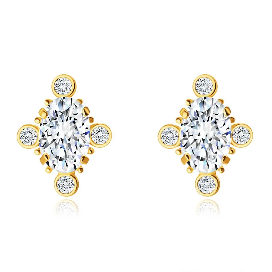 Náušnice zo 9K zlata - trblietavý oválny zirkón, drobné okrúhle zirkóniky, puzetky