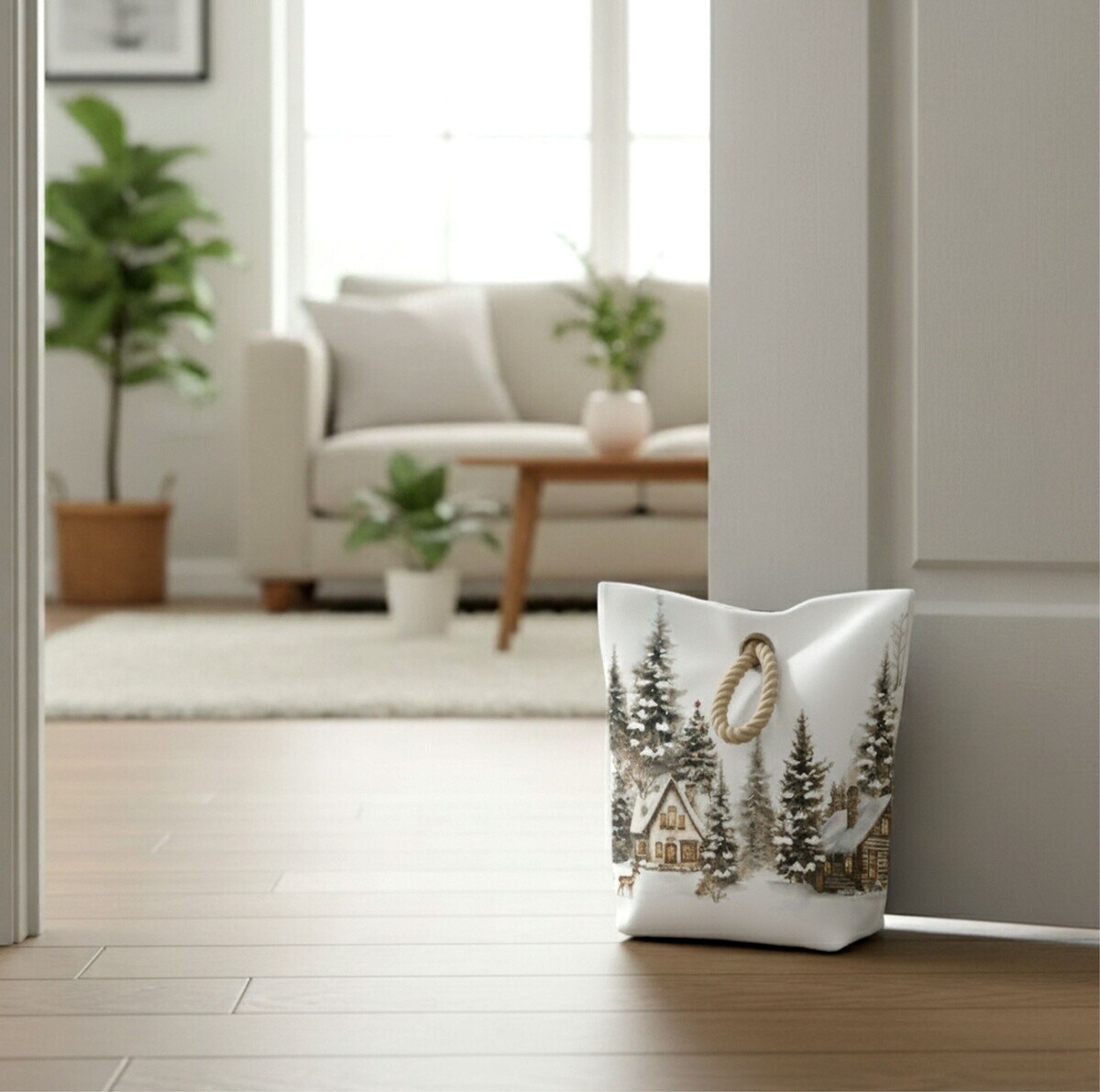 Dverová zarážka - závažie, Zimná krajinka s domčekmi, 22 x 23 cm