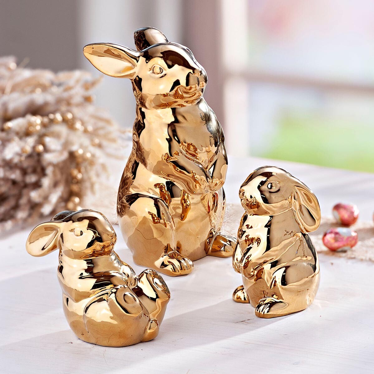 Zlaté dekoratívne figúrky králikov, sada 3 ks