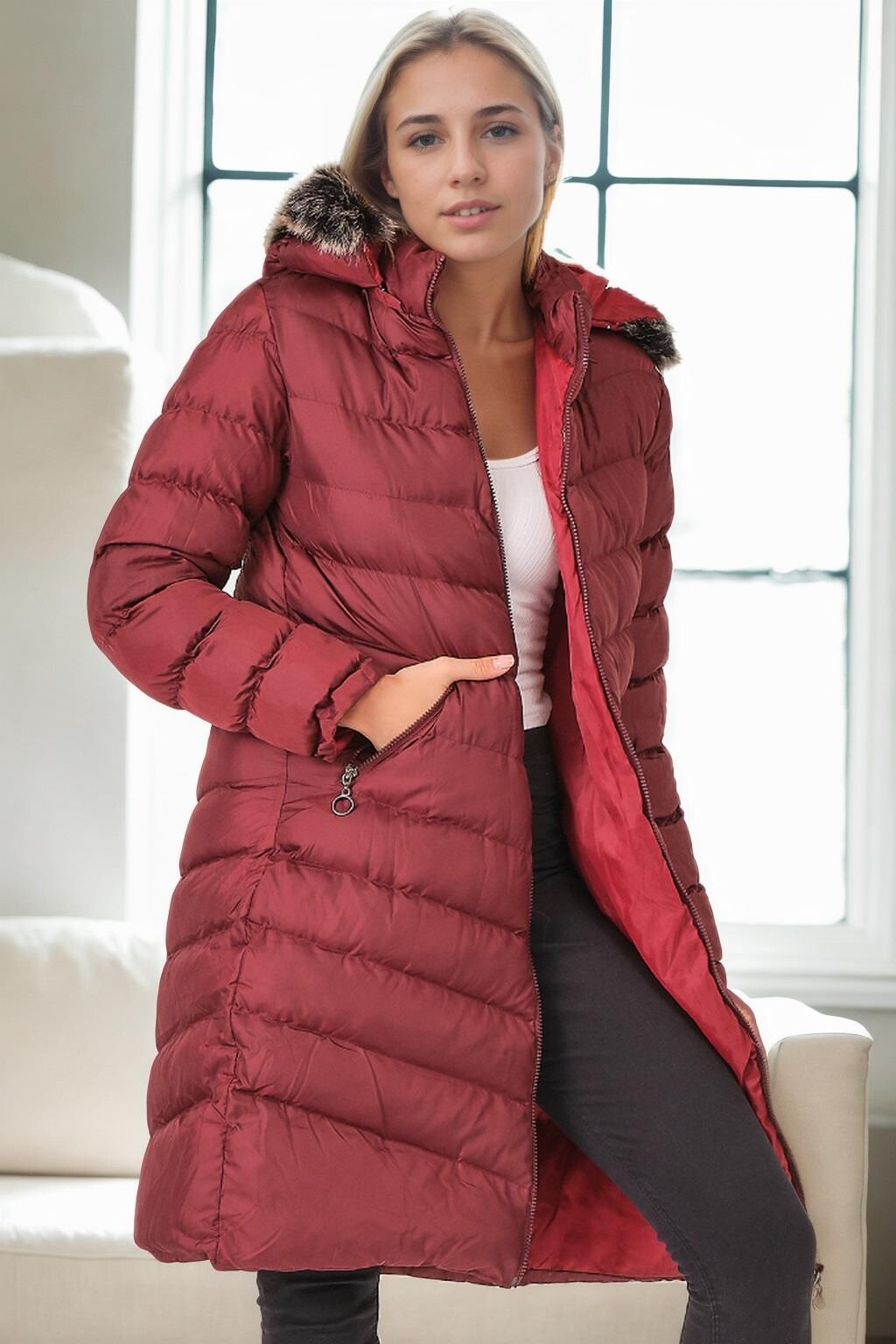 Z9690 DEWBERRY SHEARLING HOODED WOMEN'S COAT-BURGUNDY