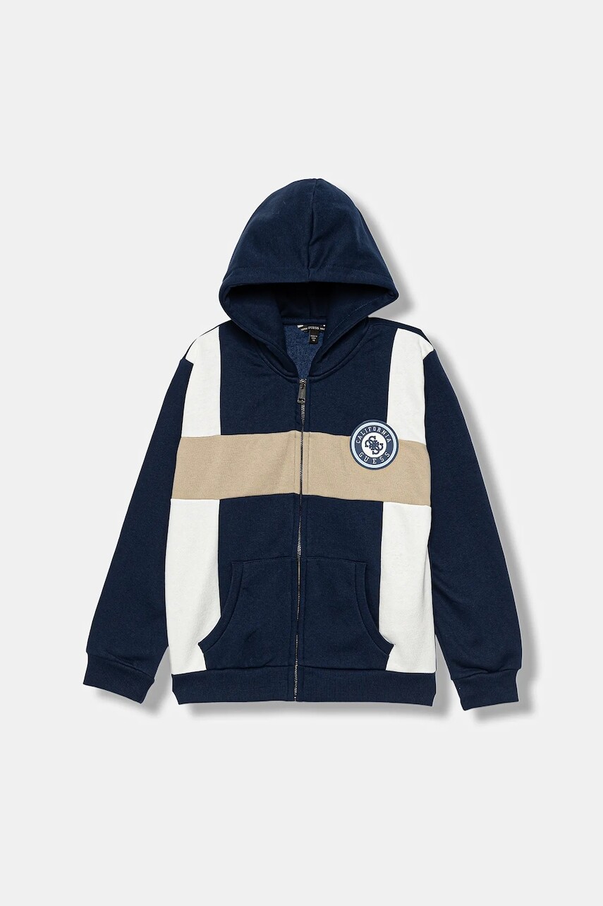 Detská mikina Guess tmavomodrá farba, s kapucňou, vzorovaná, L5BQ00 KCKF2