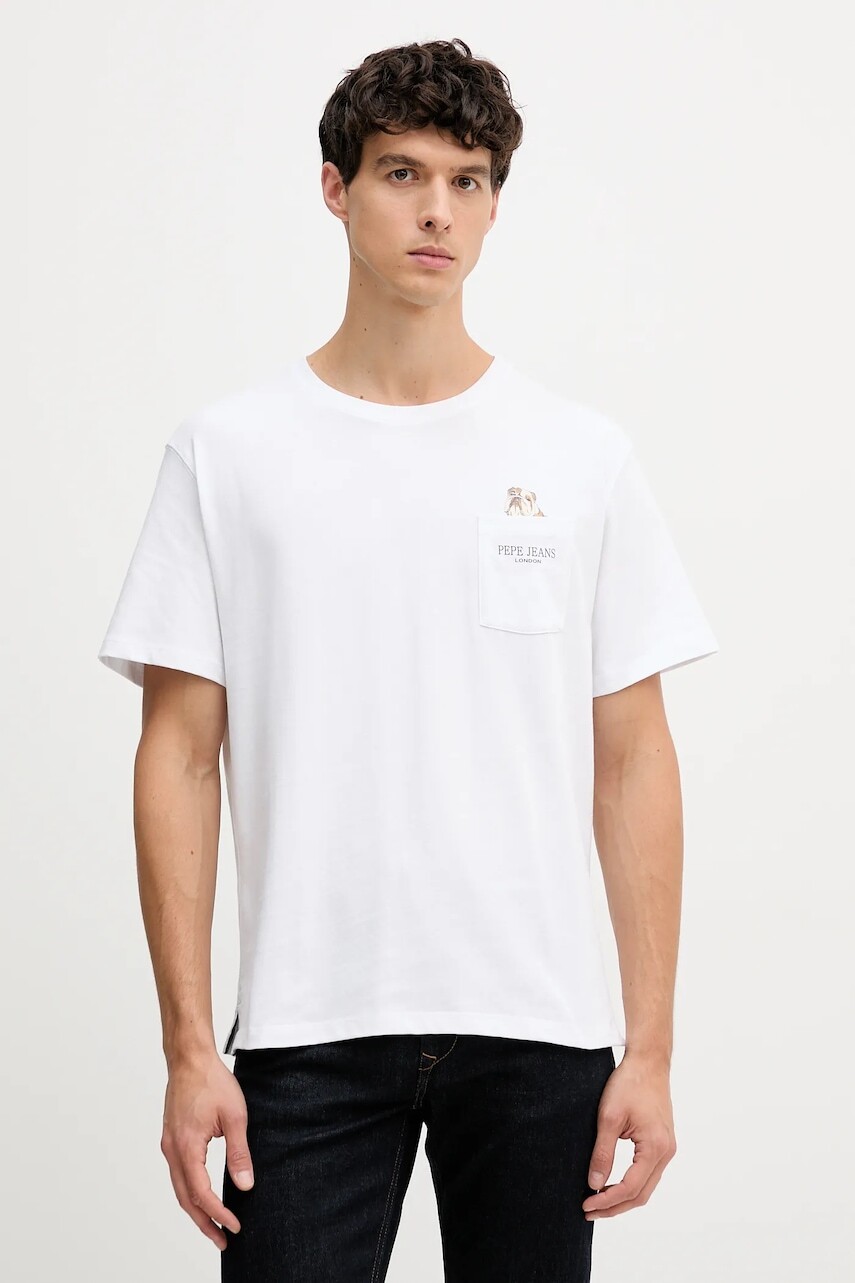 Bavlnené tričko Pepe Jeans pánske, biela farba, s potlačou, PM5010095