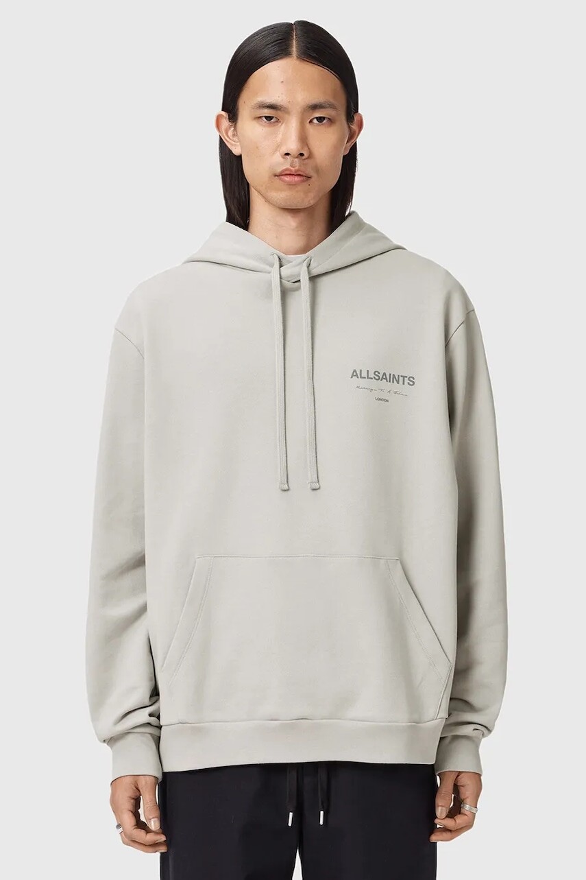 Bavlnená mikina AllSaints FUTURE šedá farba, s kapucňou, vzorovaná, M002ND