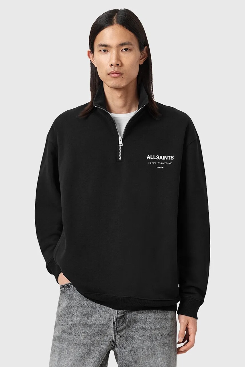 Bavlnená mikina AllSaints UNDERGROUND čierna farba, vzorovaná, M042NB