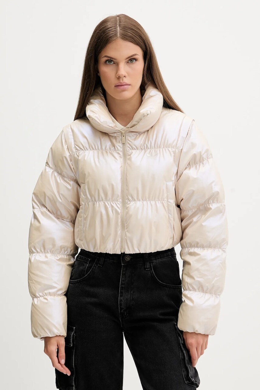 Bunda adidas Originals Ess Glossy béžová farba, zimná, oversize, JX2985