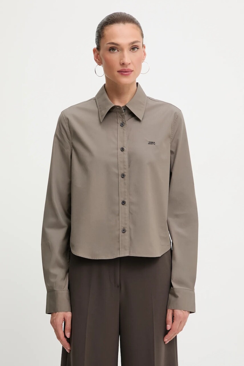 Košeľa s prímesou hodvábu Miss Sixty hnedá farba, regular, s klasickým golierom, 6S3XJ5300B