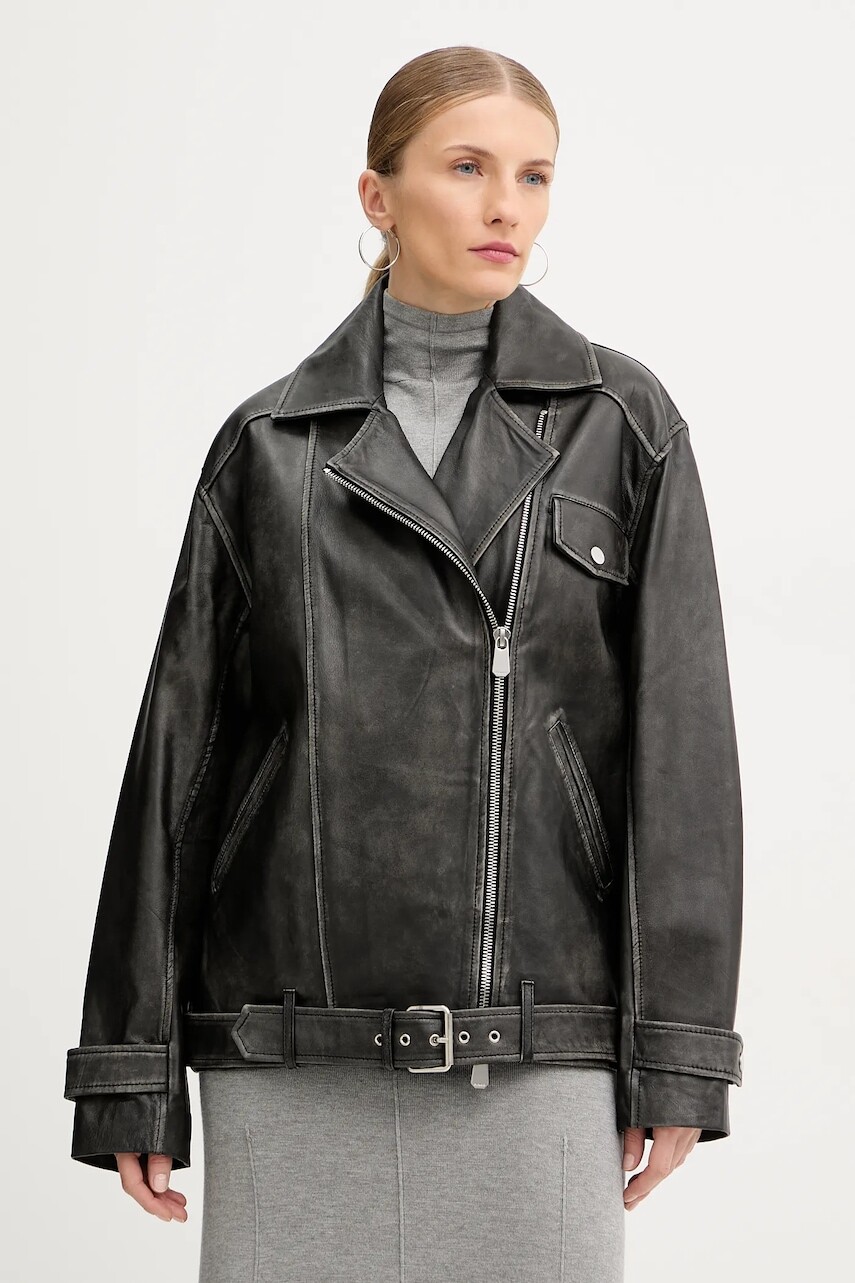 Kožená bunda Pinko čierna farba, prechodná, oversize, 105369 A23U