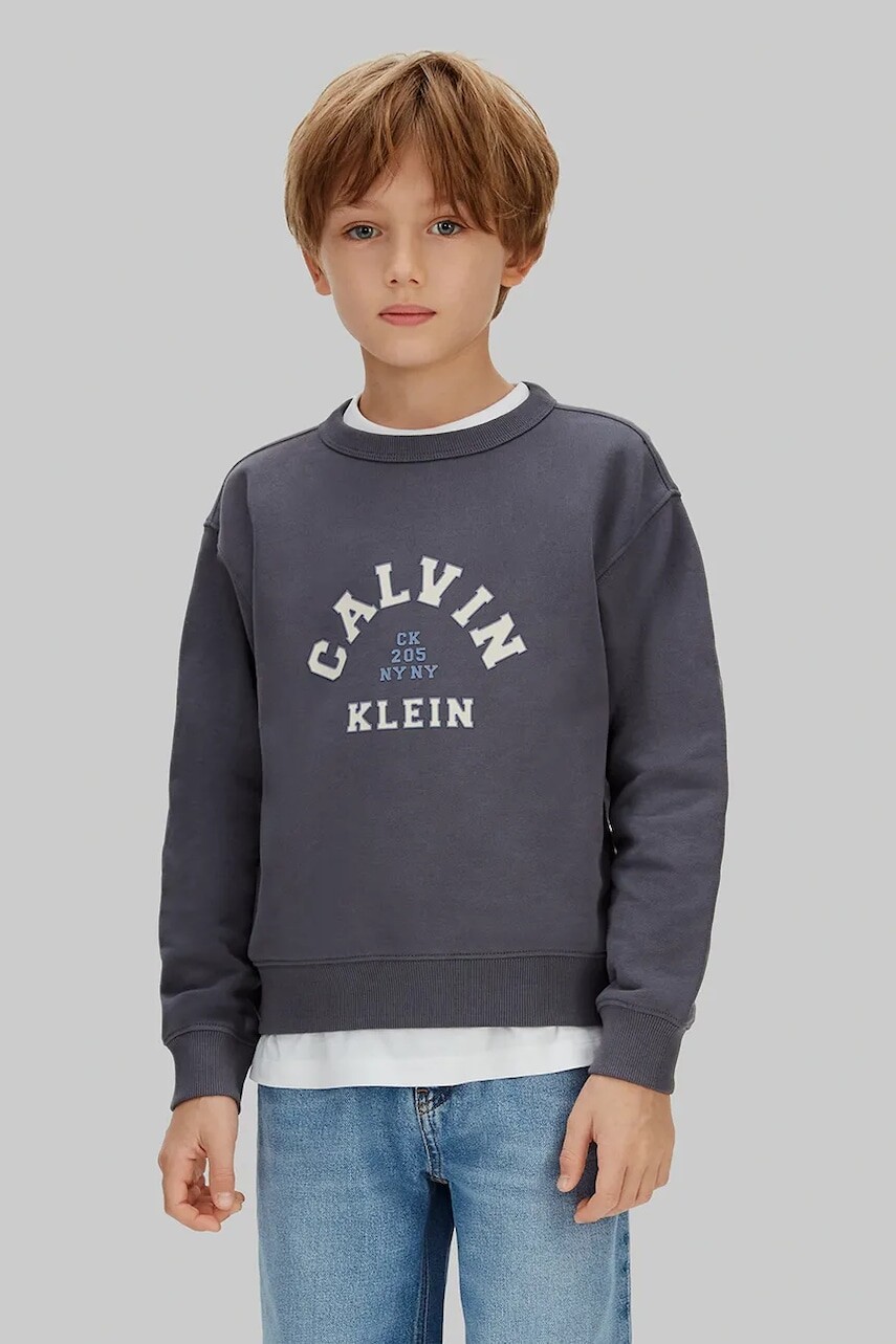 Detská bavlnená mikina Calvin Klein Jeans šedá farba, s potlačou, IB0IB02619