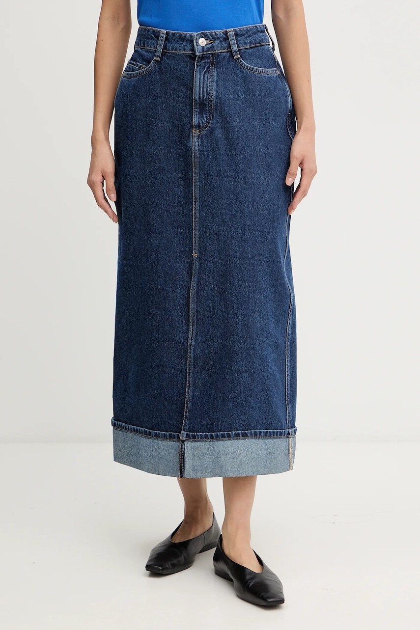 Rifľová sukňa Marc O'Polo tmavomodrá farba, midi, rovný strih, 5000007883