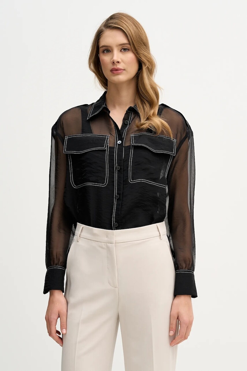 Košeľa Sisley čierna farba, voľný strih, s klasickým golierom, 5VGNLQ09I