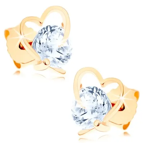 Zlaté náušnice 9K, asymetrické srdce s čírym zirkónom