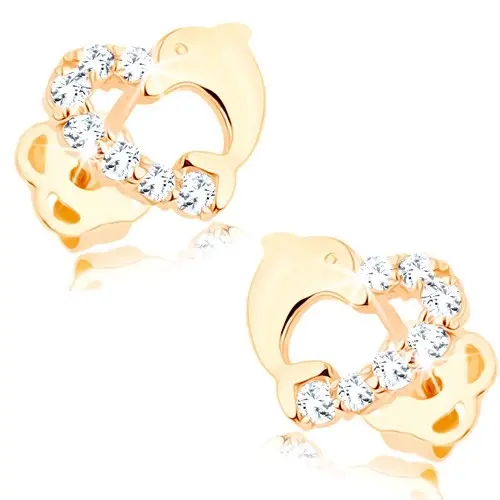 Náušnice 14K zlato, srdce s delfínom a zirkónmi
