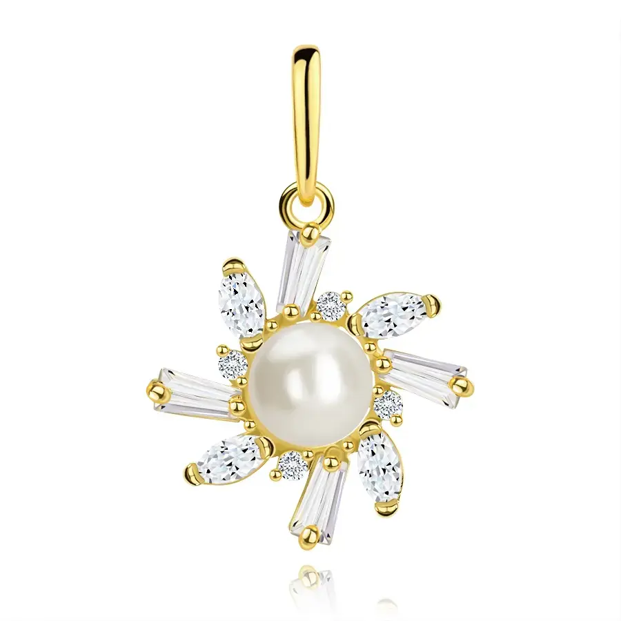 Zlatý prívesok 9K s motívom slnka, perlou a zirkónmi