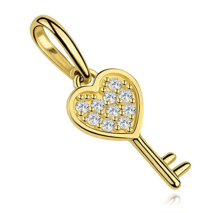 Prívesok 9K žlté zlato kľúč so srdcom a zirkónmi