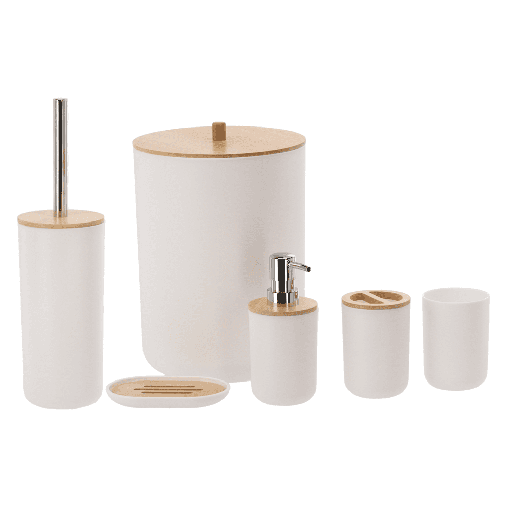 Sada kúpeľňových doplnkov, 6 dielna, biela/prírodná, KATREL