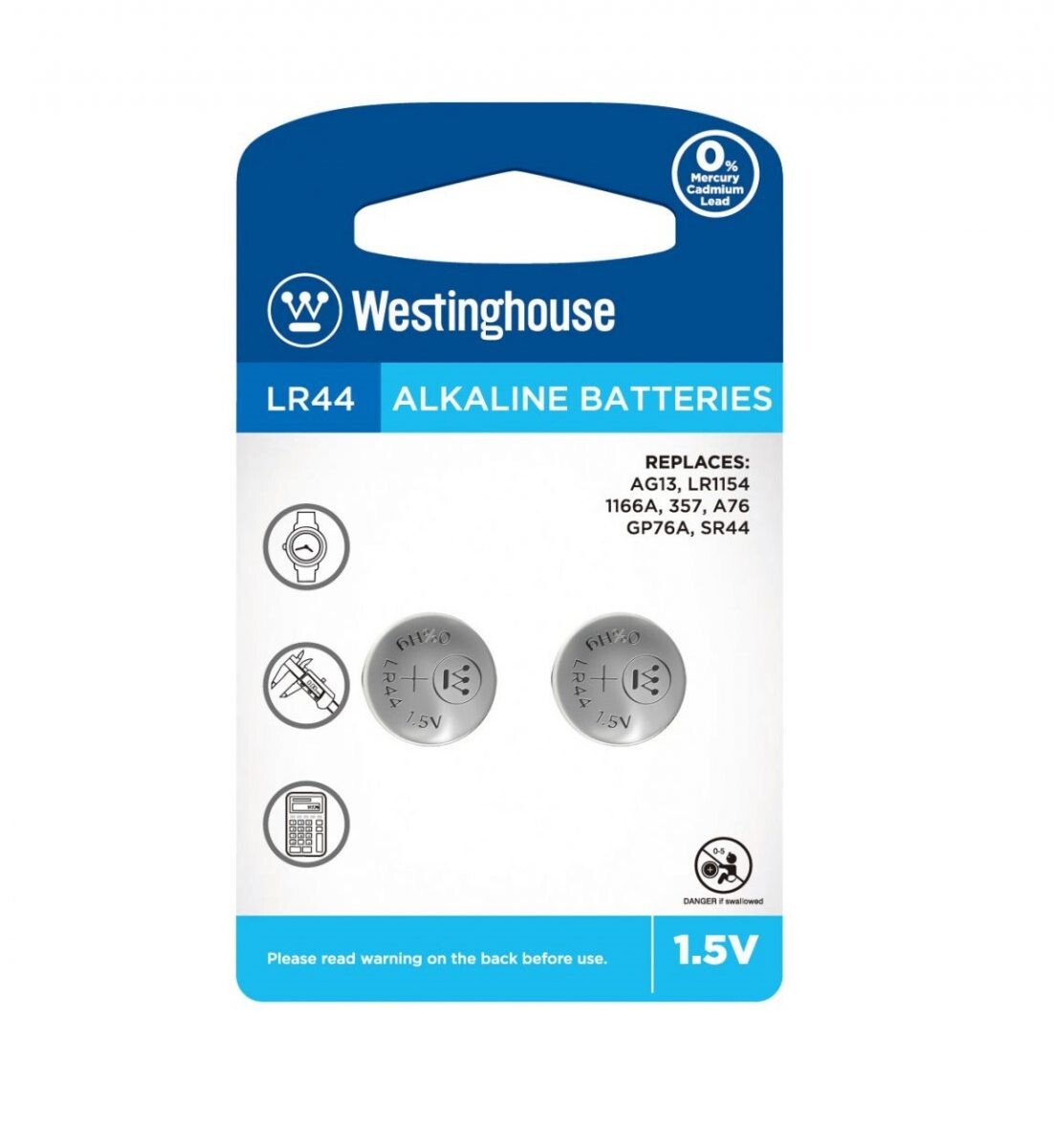 Westinghouse gombíková alkalická batéria LR44 (LR44, AG13, LR1154, 1166A, 357, A76, GP76A, SR44) - 2 kusy; 1,5V