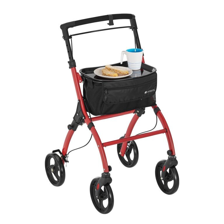 Skladacie hliníkové chodítko s brzdou a taškou, červené