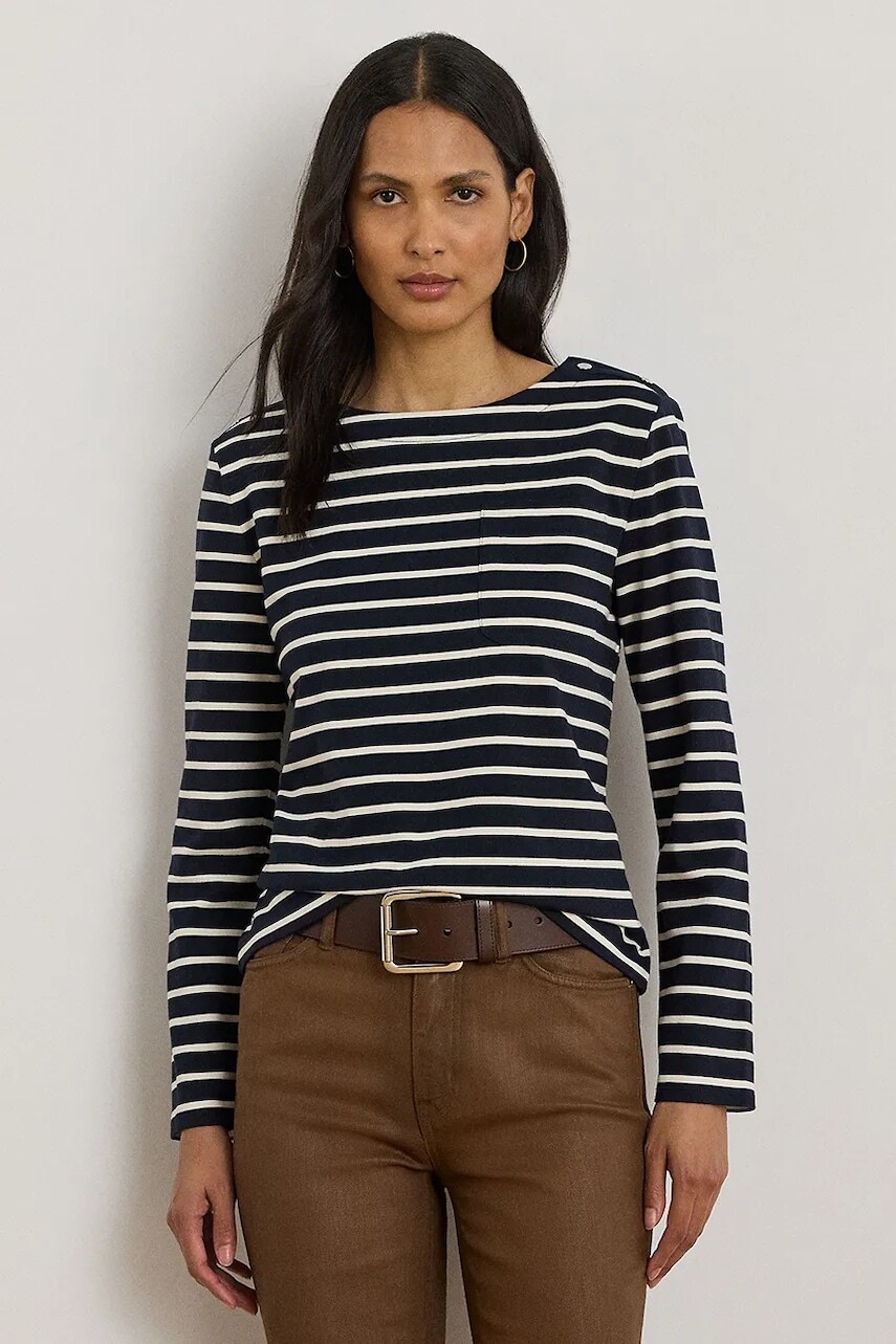 Bavlnené tričko s dlhým rukávom Lauren Ralph Lauren tmavomodrá farba, 200980155