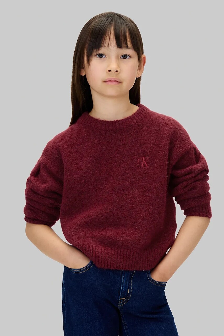 Detský sveter s prímesou vlny Calvin Klein Jeans bordová farba, IG0IG03048