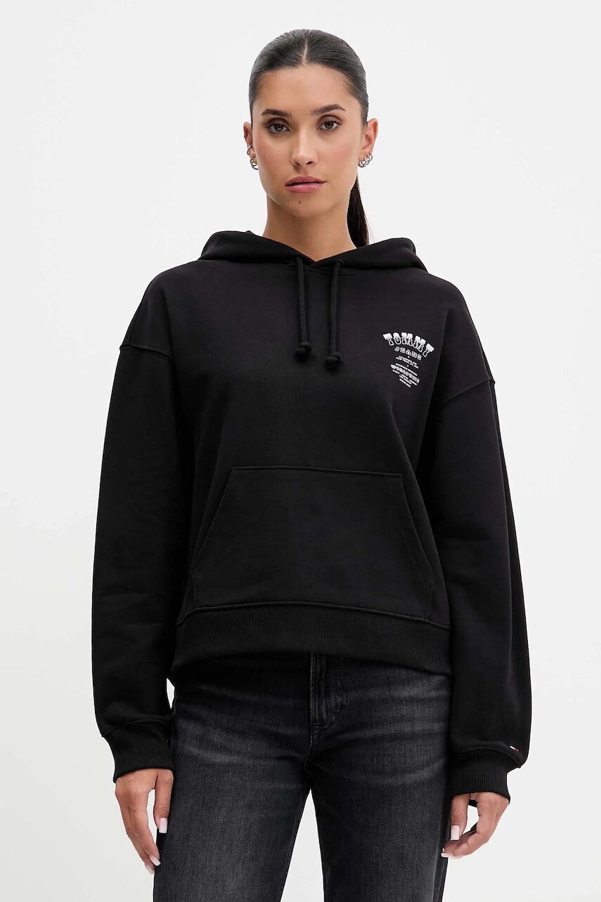 Bavlnená mikina Tommy Jeans čierna farba, s kapucňou, s potlačou, DW0DW21785
