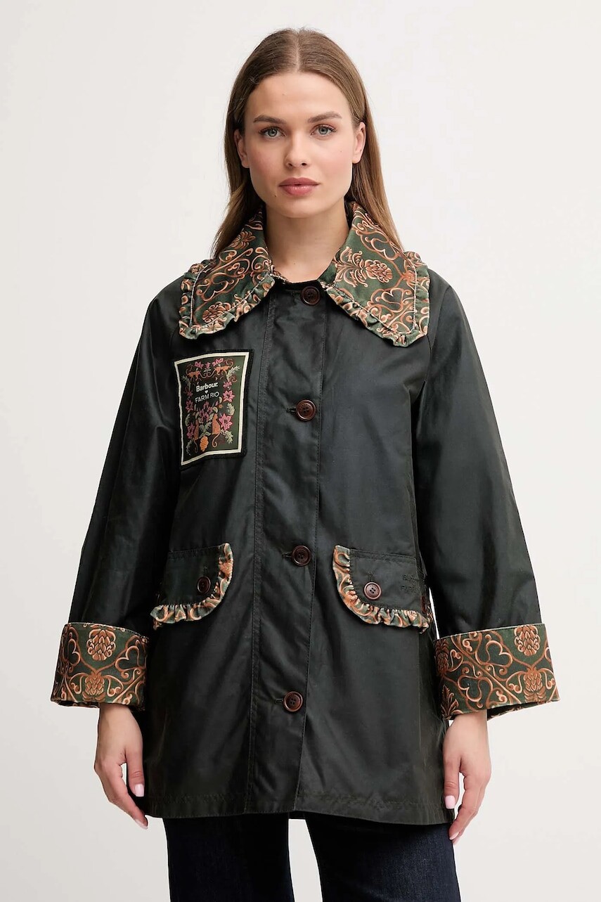 Bavlnená bunda Barbour x Farm Rio zelená farba, prechodná, oversize, LWX1504