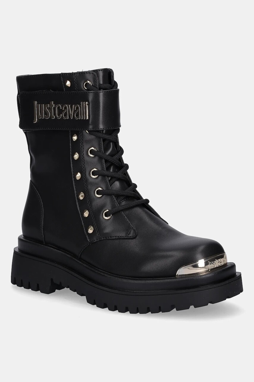 Členkové topánky Just Cavalli čierna farba, na plochom podpätku, 79RA3S93ZSD53899