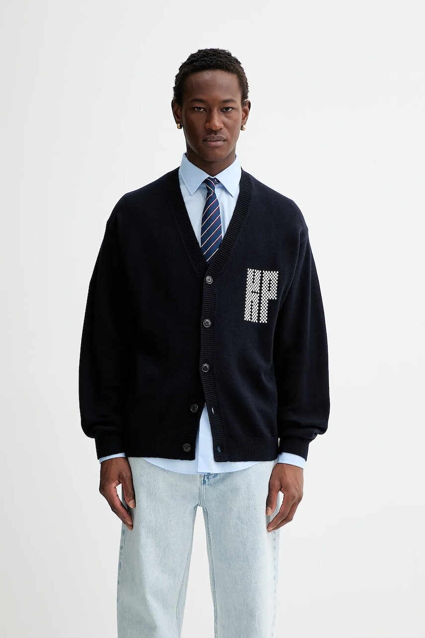 Vlnený kardigán Kenzo Kamon pánsky, tmavomodrá farba, FF55CA7283BA.79