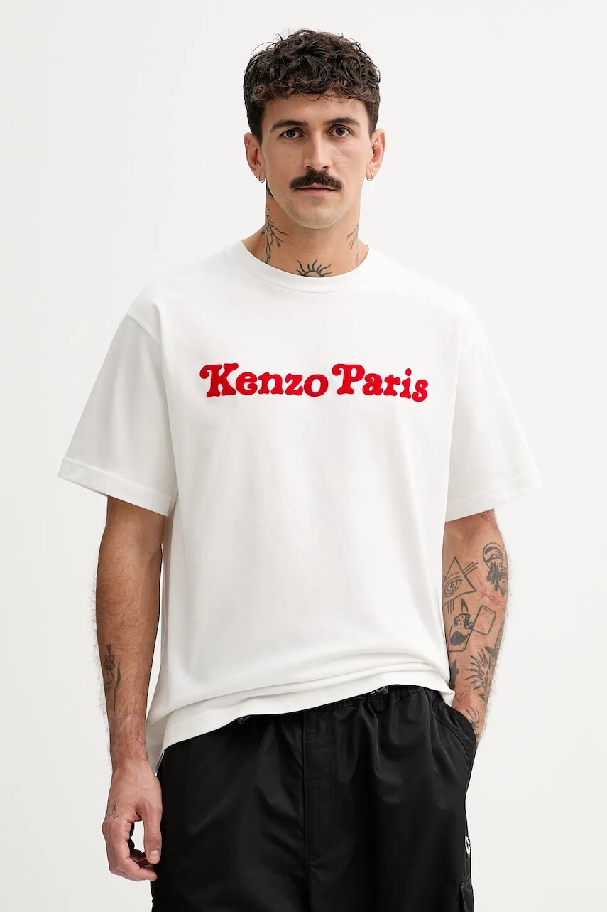 Bavlnené tričko Kenzo pánske, biela farba, s nášivkou, FF55TS5474SG.02