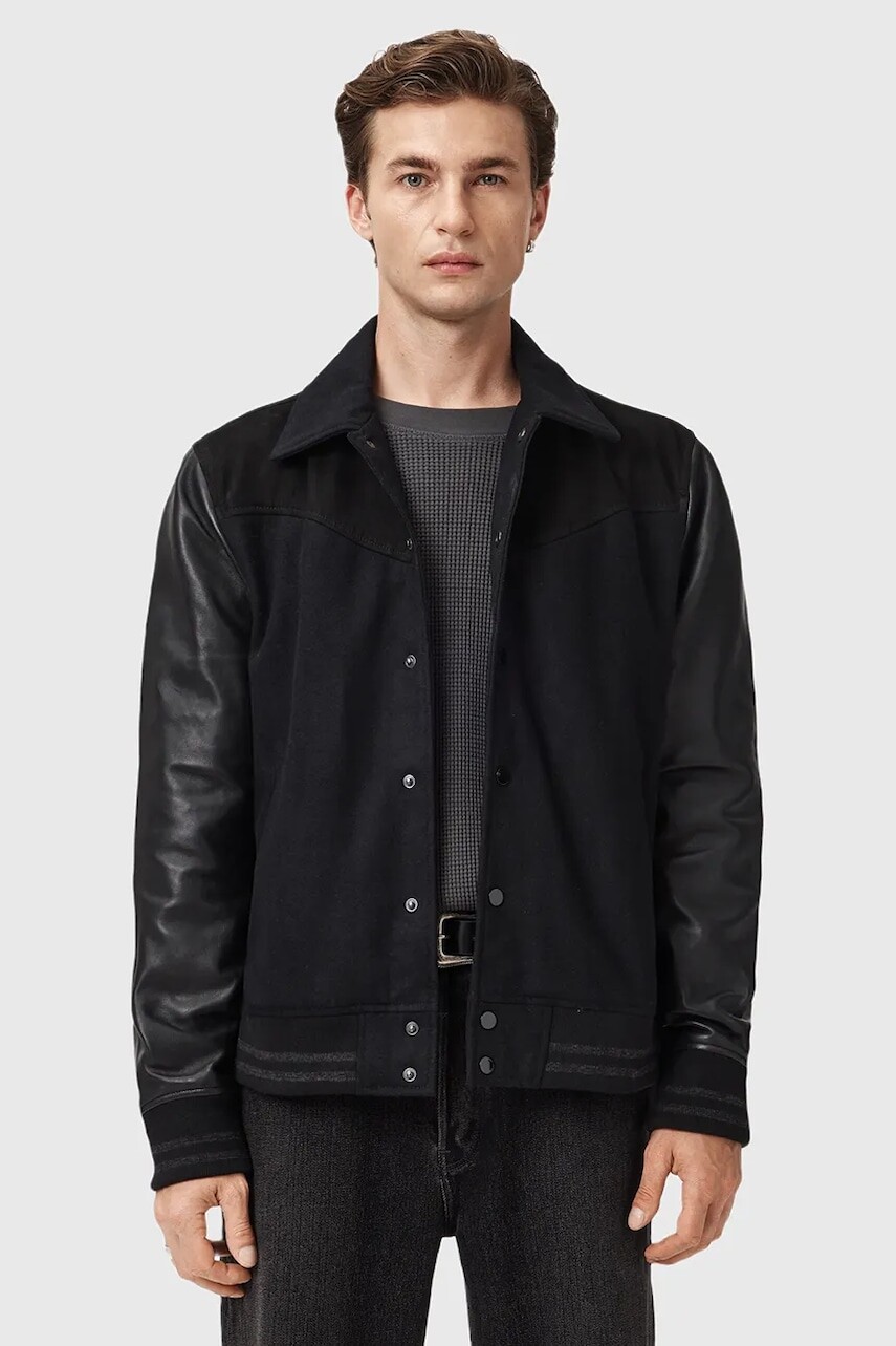 Kožená bunda AllSaints ENDLETON čierna farba, prechodná, M012LC