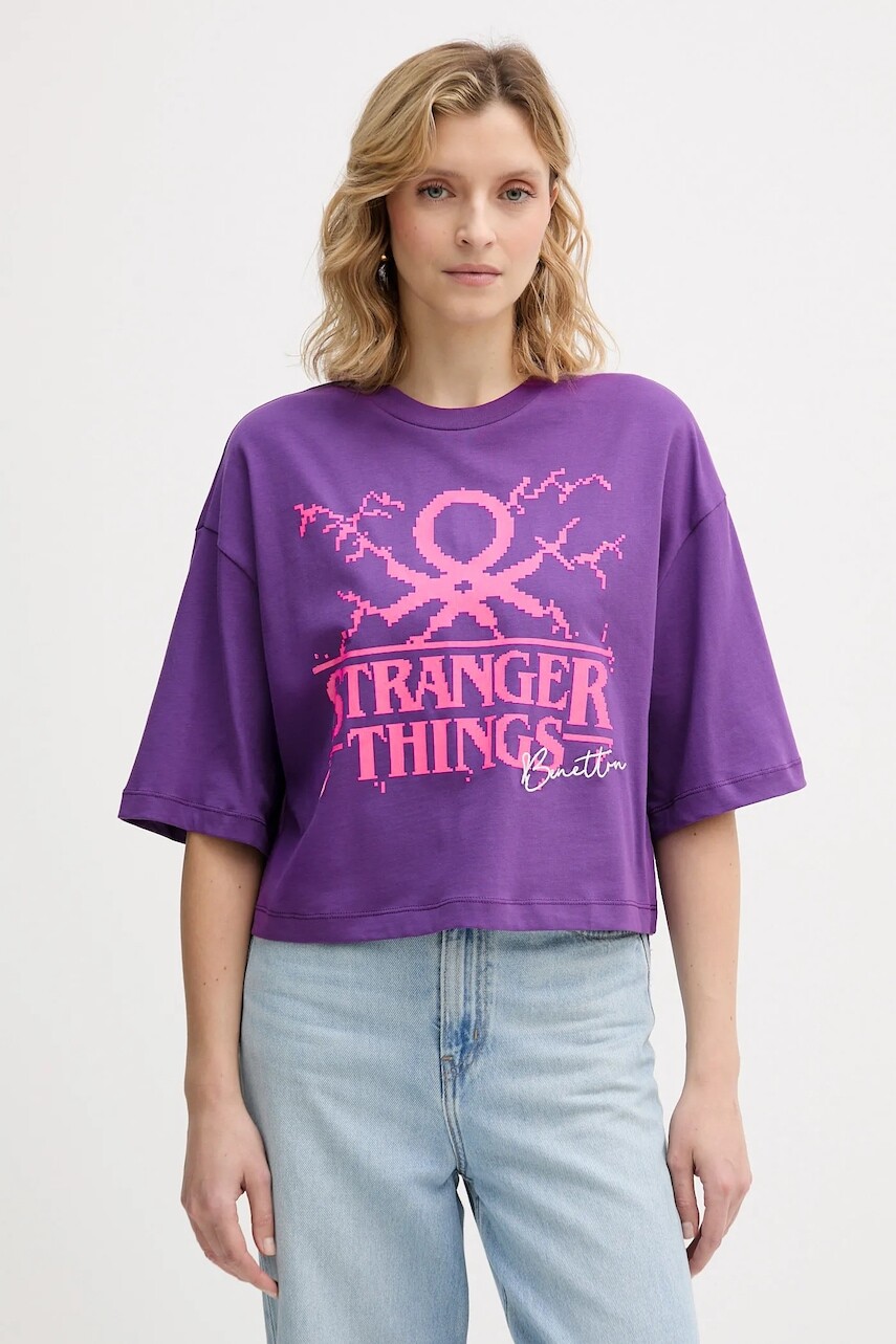 Bavlnené tričko United Colors of Benetton x Stranger Things dámske, fialová farba, 3BL0D10BC
