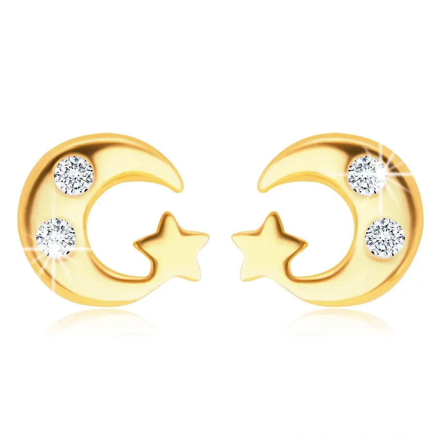 Zlaté 9K náušnice - lesklý mesiačik s čírymi zirkónikmi a hviezdička