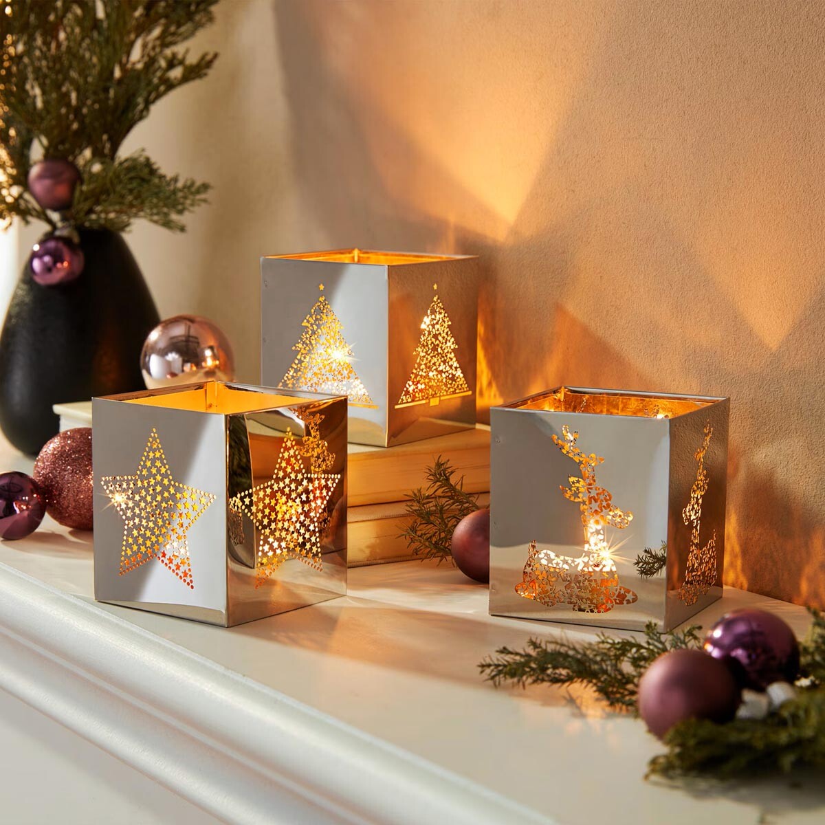 Nerezové vianočné lucerny, súprava 3 ks