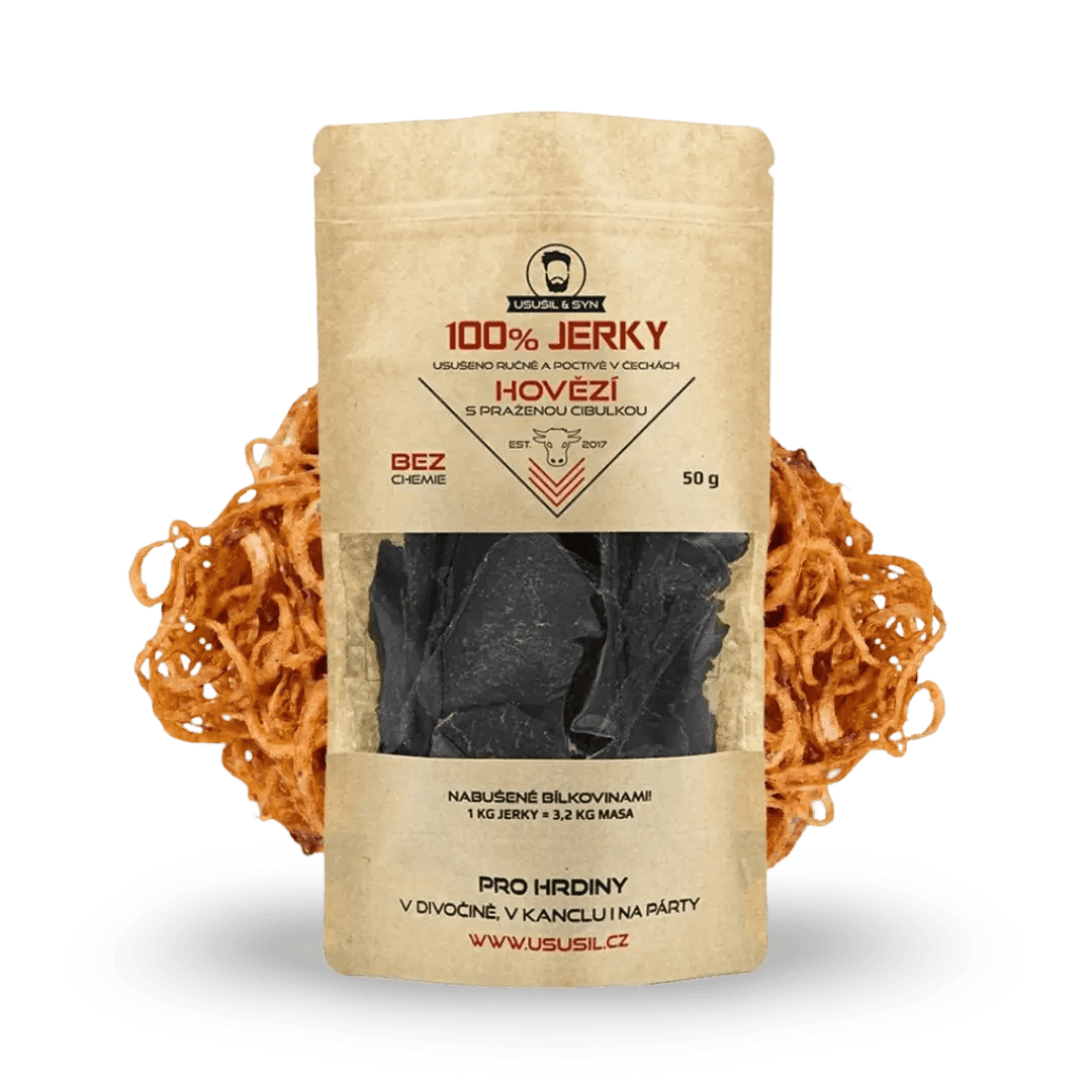 100% JERKY HOVĚZÍ S PRAŽENOU CIBULKOU 50 g