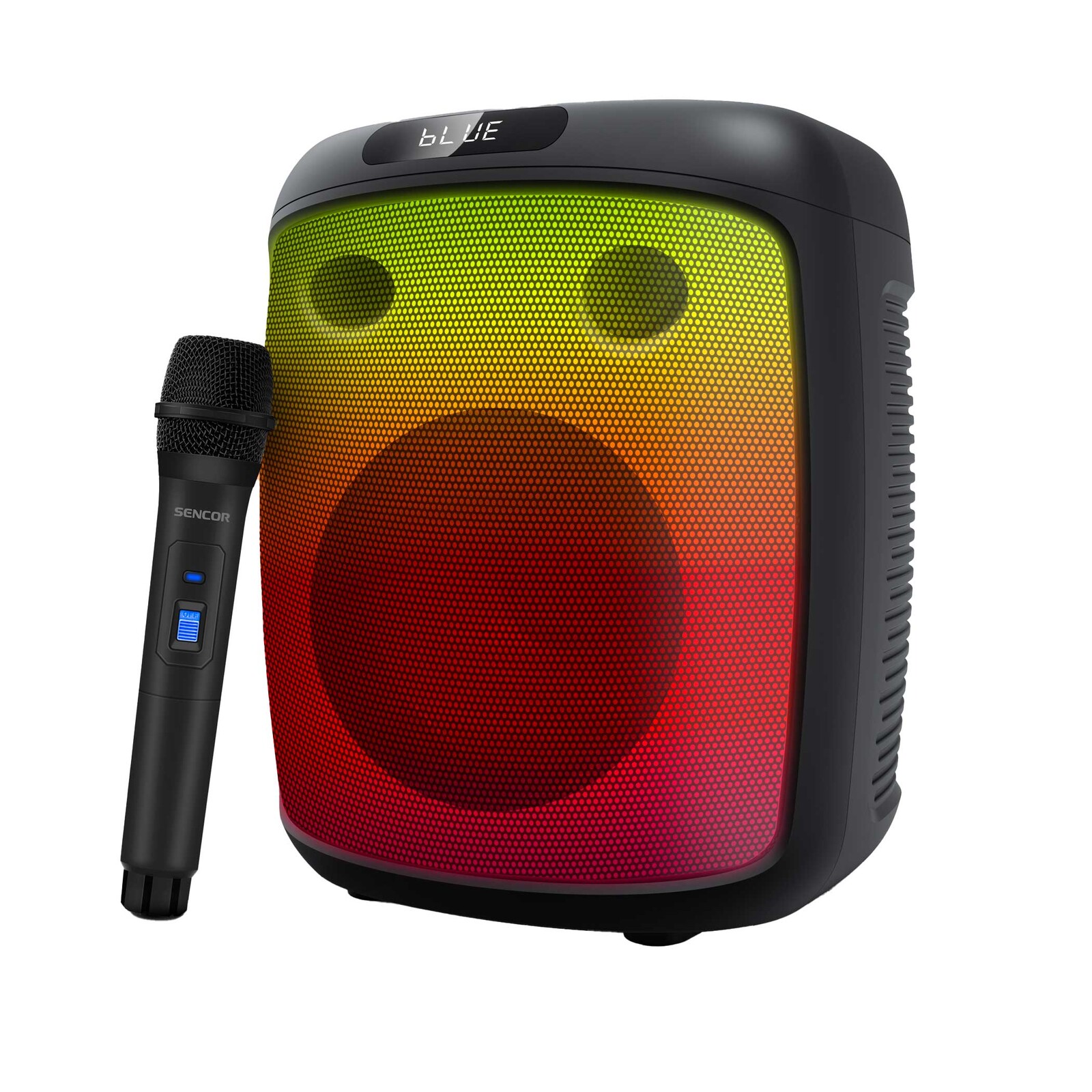 Sencor PARTYCON BASE Párty reproduktor Vodovzdorný reproduktor stupňa krytia IPX4, Bezdrôtový mikrofón v balení, Predný LED farebný panel s efektmi, .