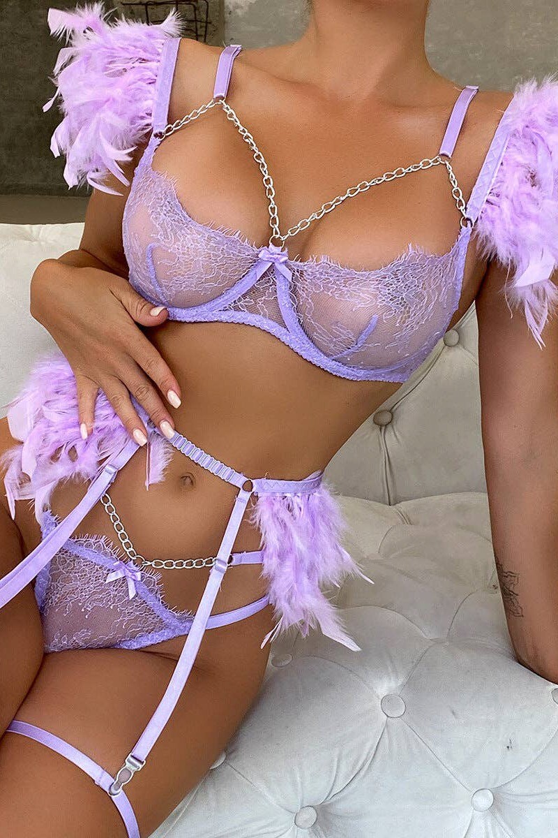 Fialový trojdielny set s pierkami LL5828