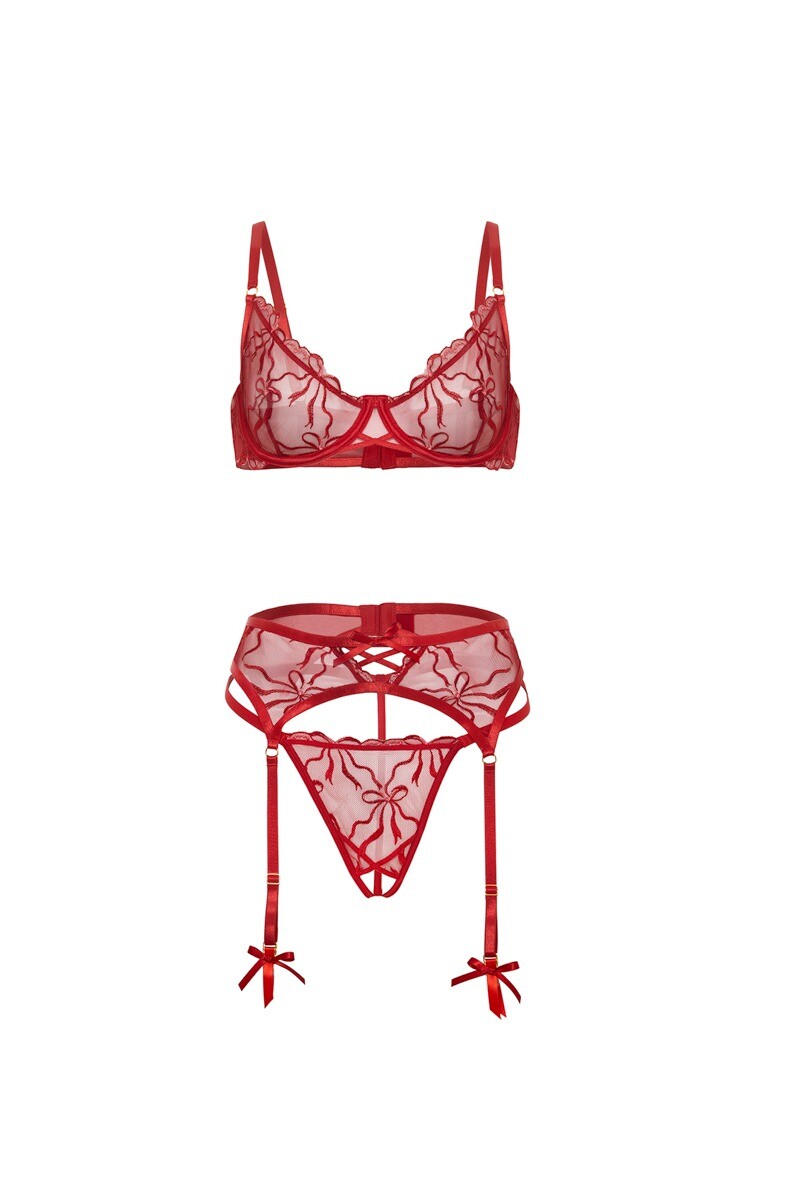 Červený trojdielny crotchless set Mariah