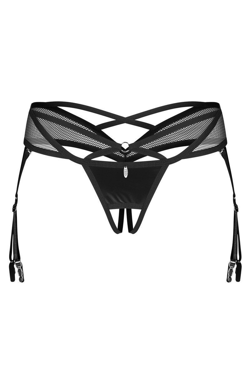 Čierne crotchless nohavičky s podväzkami Dominna