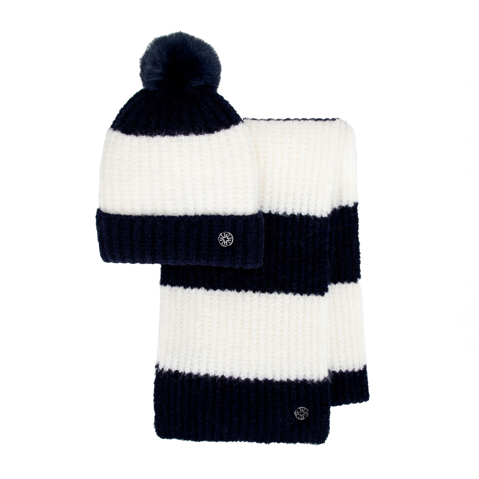 Dámska zimná súprava – čiapka s brmbolcom a šál s kovovým logom 101-SF-210-0N