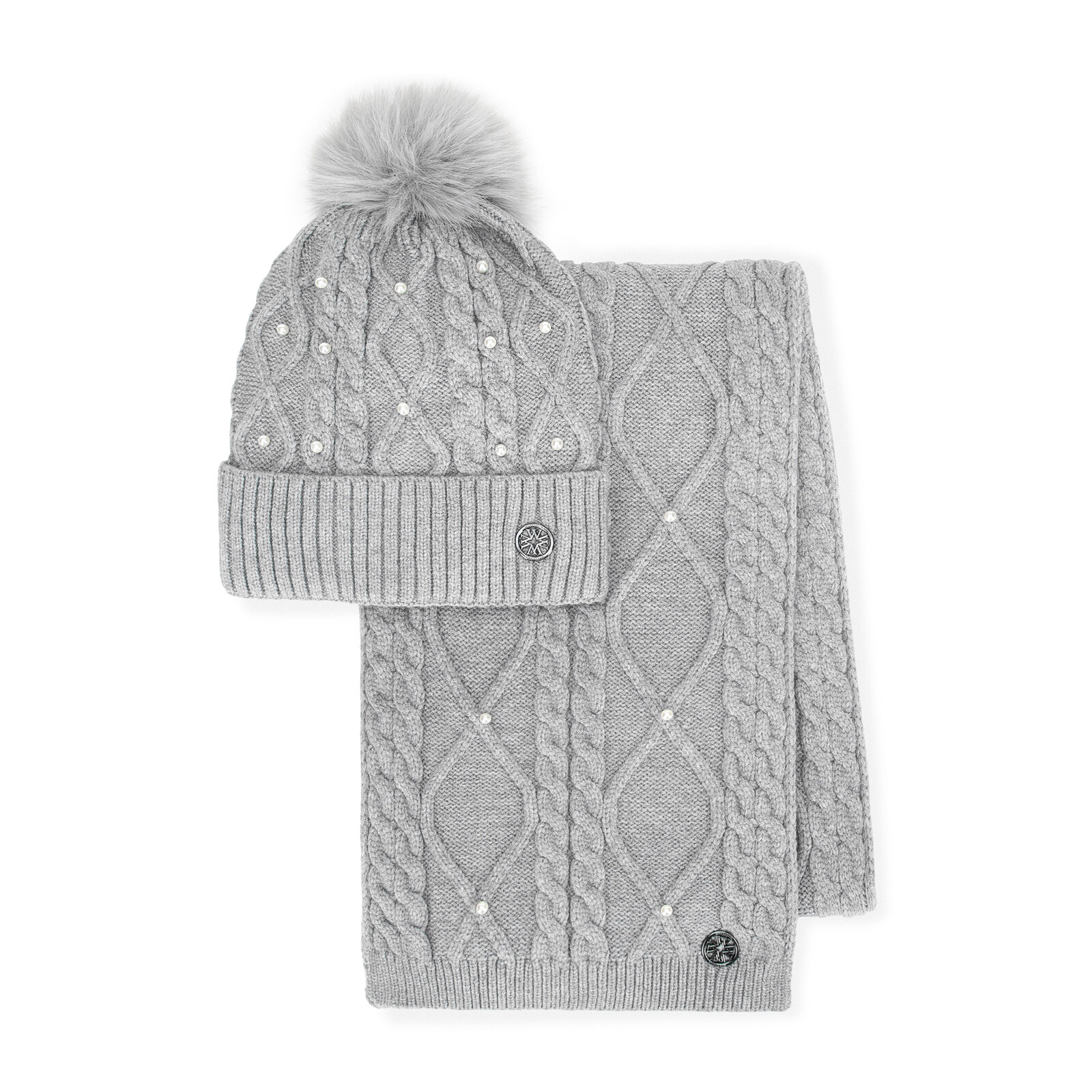 Dámsky zimný set – čiapka s brmbolcom a perličkami + pletený šál 101-SF-023-8