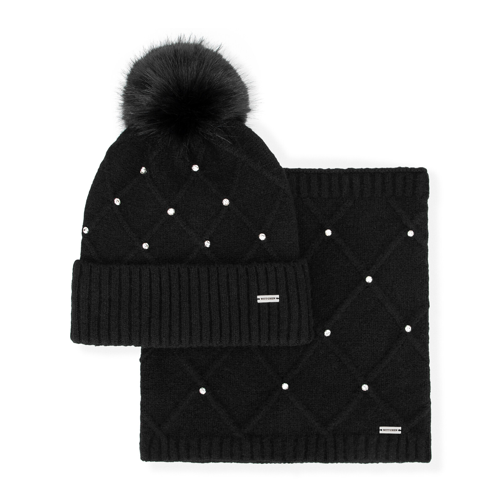 Dámsky čierny zimný set – čiapka s brmbolcom a nákrčník s ozdobným vzorom 101-SF-206-1