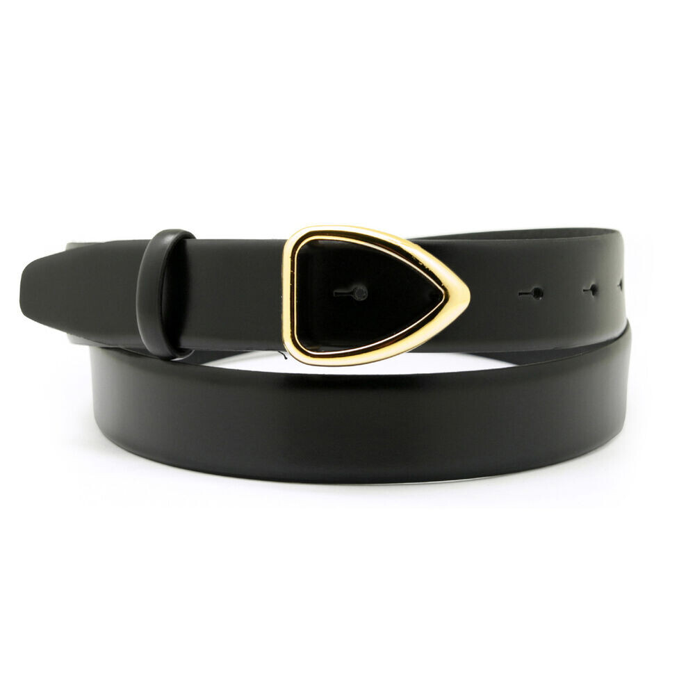 Dámsky opasok čiernej farby so zlatou sponou v tvare slzy 15111
