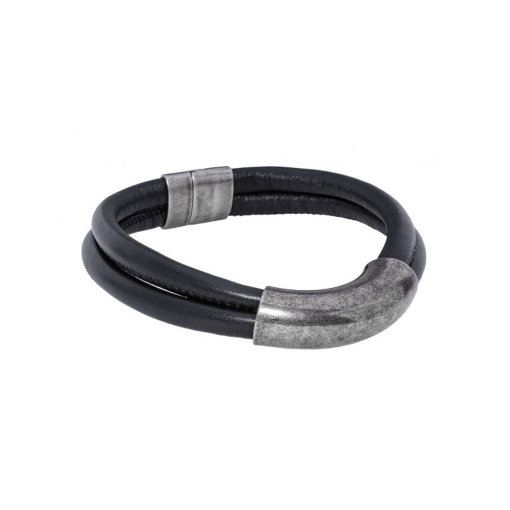 Dvojitý kožený náhrdelník so širokým matným kovovým prvkom 18436