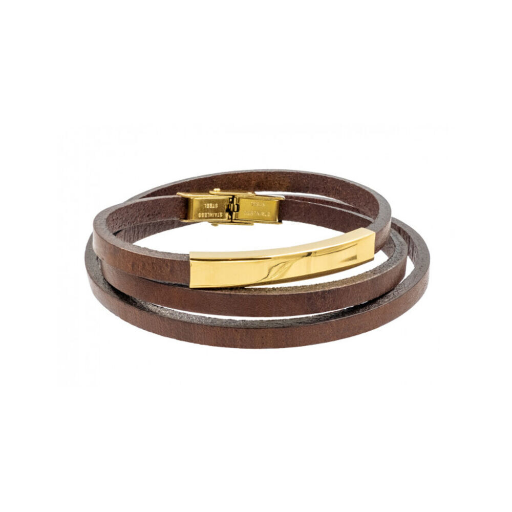 Trojitý náramok z hnedej kože s dlhým pozláteným kovovým prvkom 18693