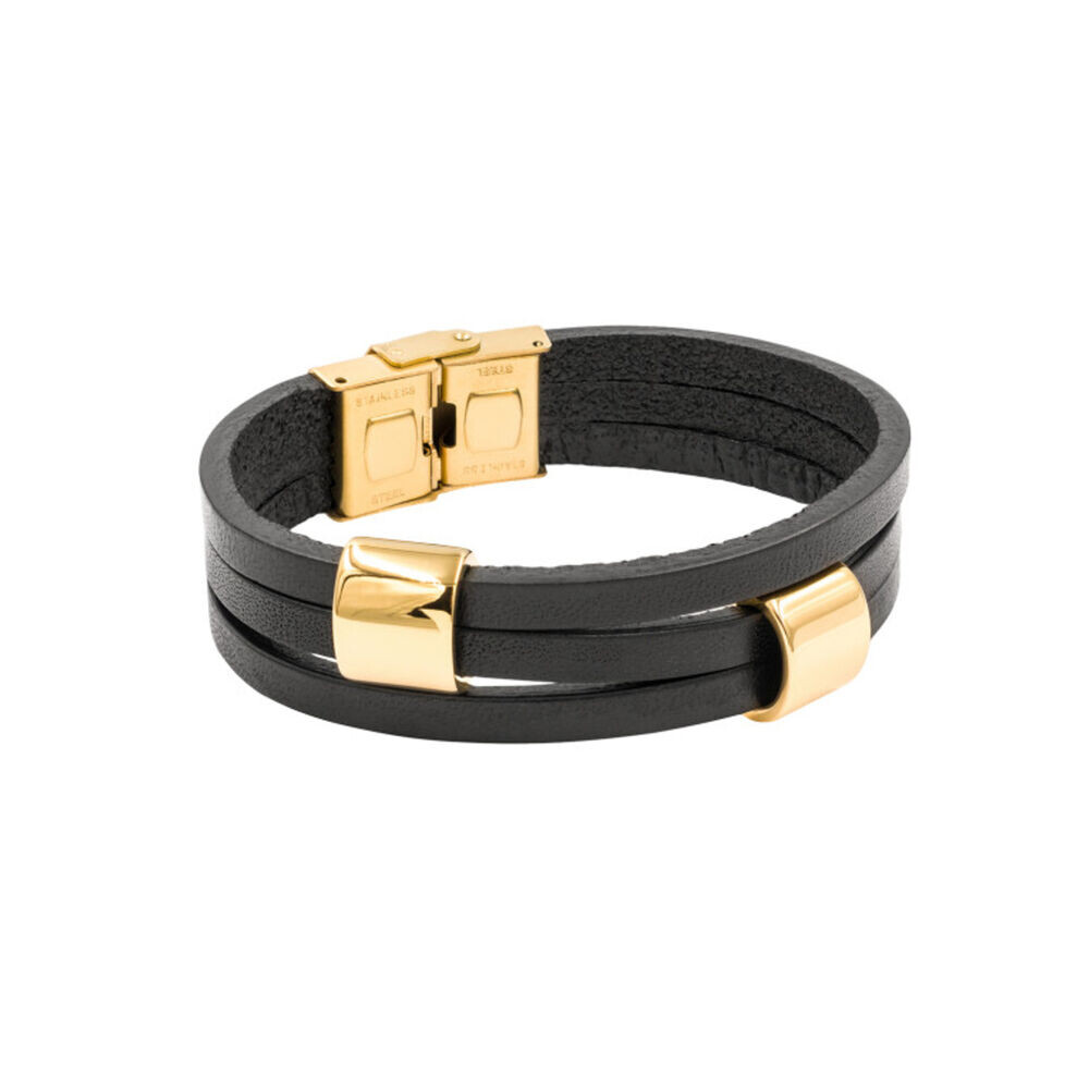 Trojitý kožený náramok s dvoma pozlátenými krúžkami 18867