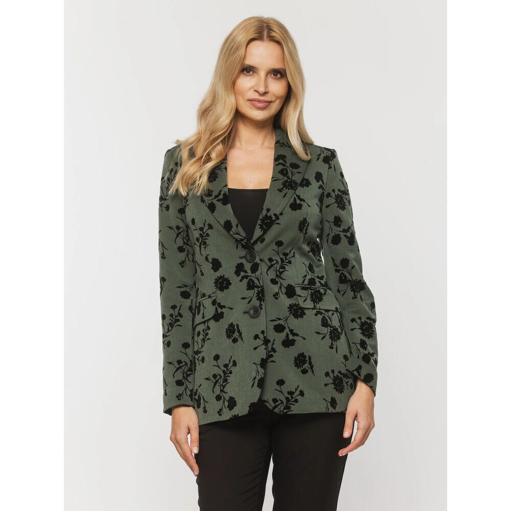 Dámske sivo-zelené sako s čiernymi kvetinovými vzormi 19191